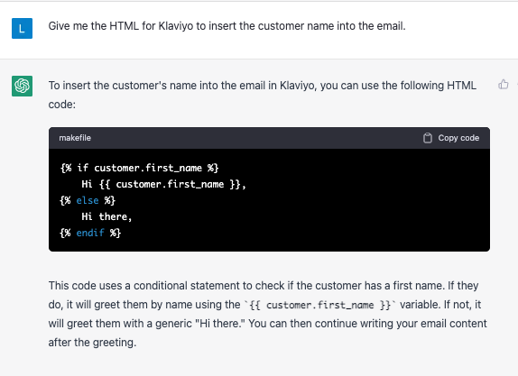 chat gpt example write code klayvio 